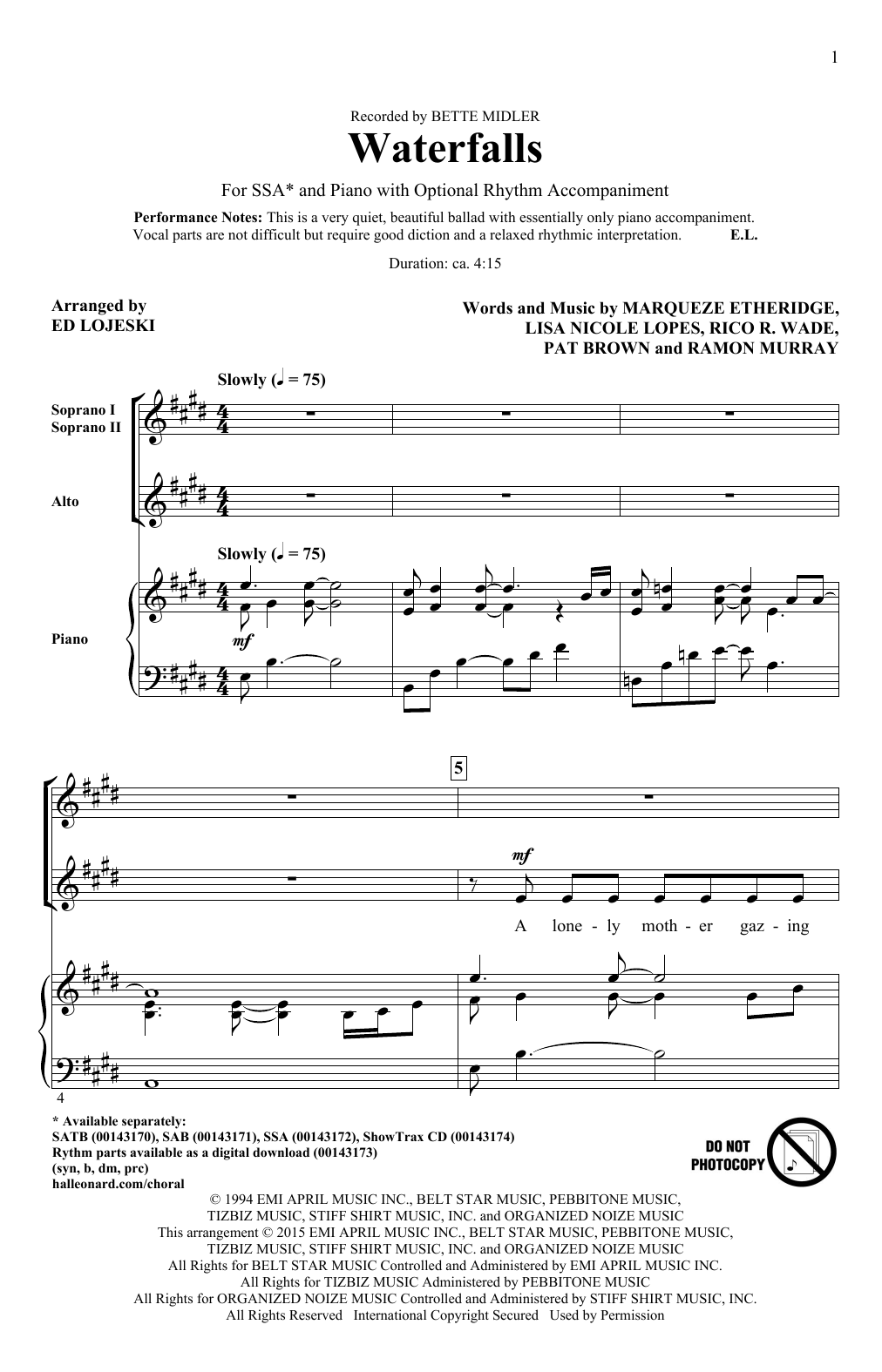 Ed Lojeski Waterfalls sheet music notes and chords. Download Printable PDF.