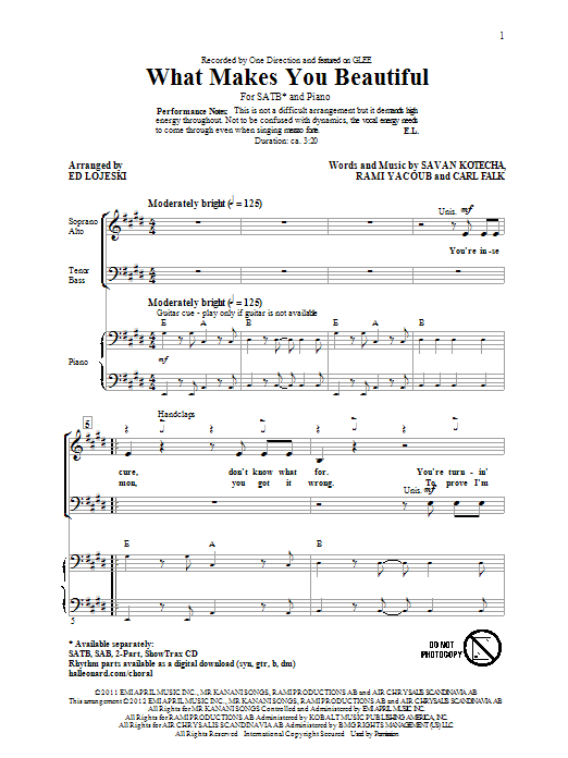 One Direction What Makes You Beautiful (arr. Ed Lojeski) sheet music notes and chords. Download Printable PDF.