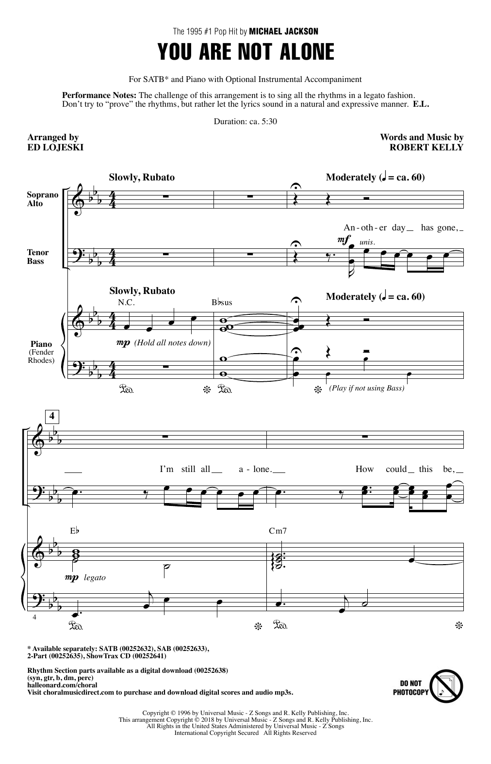 Ed Lojeski You Are Not Alone sheet music notes and chords. Download Printable PDF.