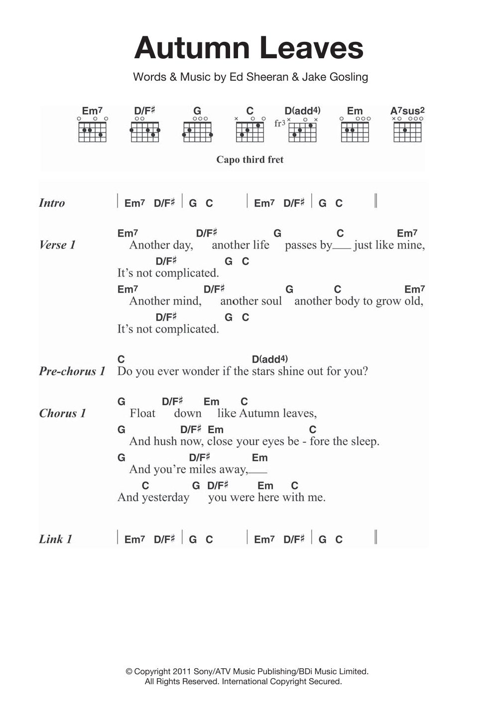 Ed Sheeran Autumn Leaves sheet music notes and chords. Download Printable PDF.