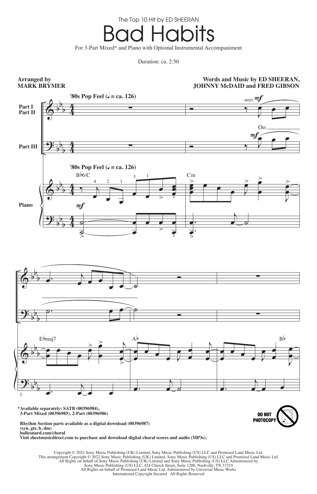 Ed Sheeran Bad Habits (arr. Mark Brymer) sheet music notes and chords. Download Printable PDF.