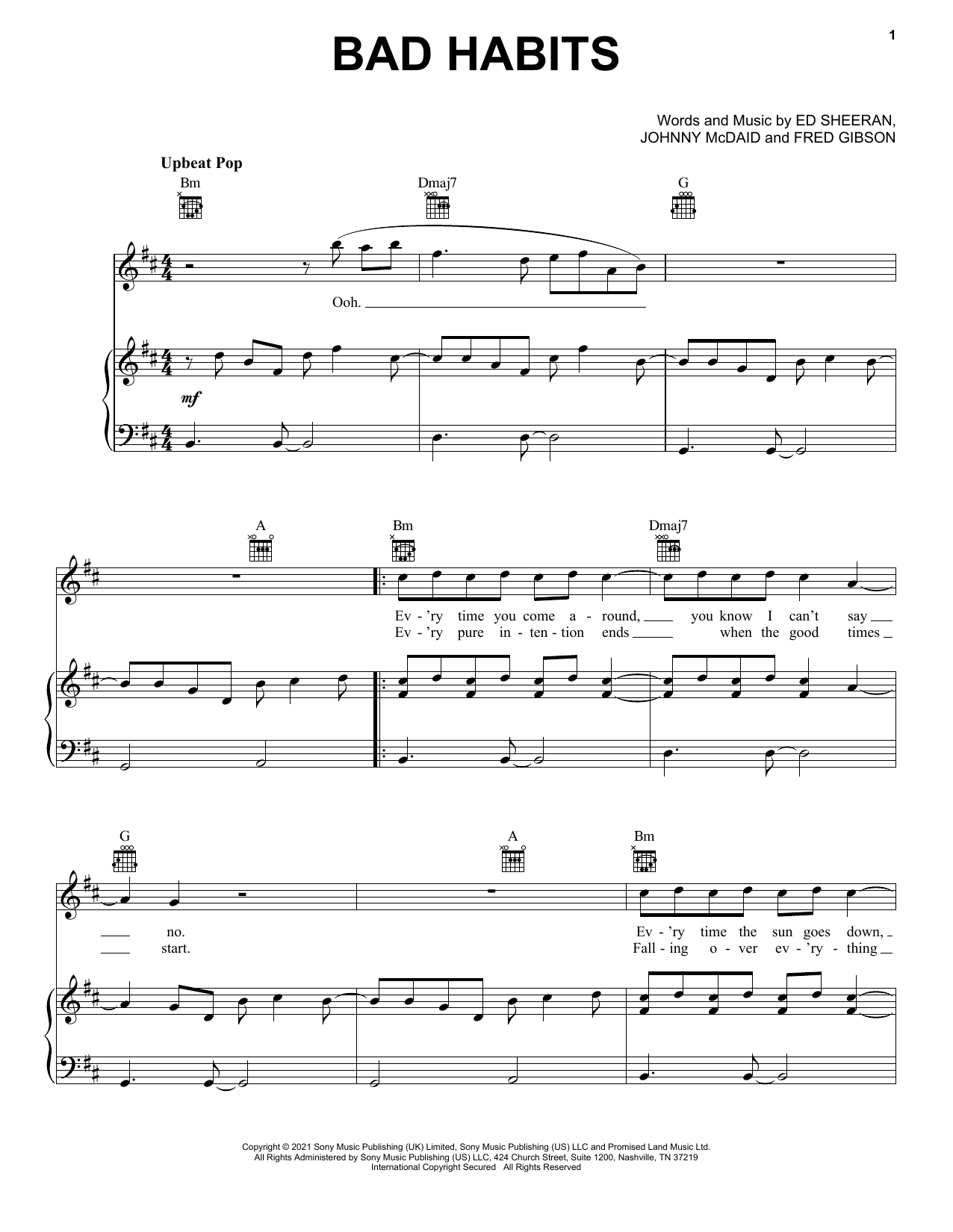 Ed Sheeran Bad Habits sheet music notes and chords. Download Printable PDF.