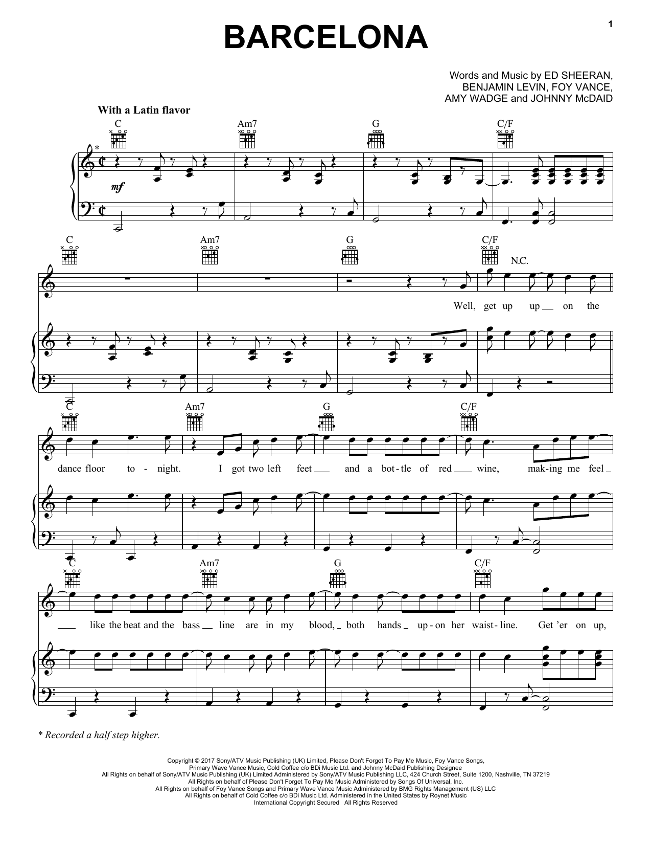 Ed Sheeran Barcelona sheet music notes and chords. Download Printable PDF.