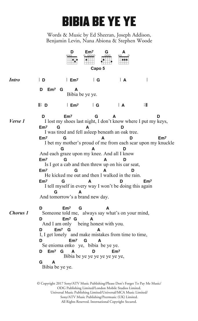 Ed Sheeran Bibia Be Ye Ye sheet music notes and chords. Download Printable PDF.