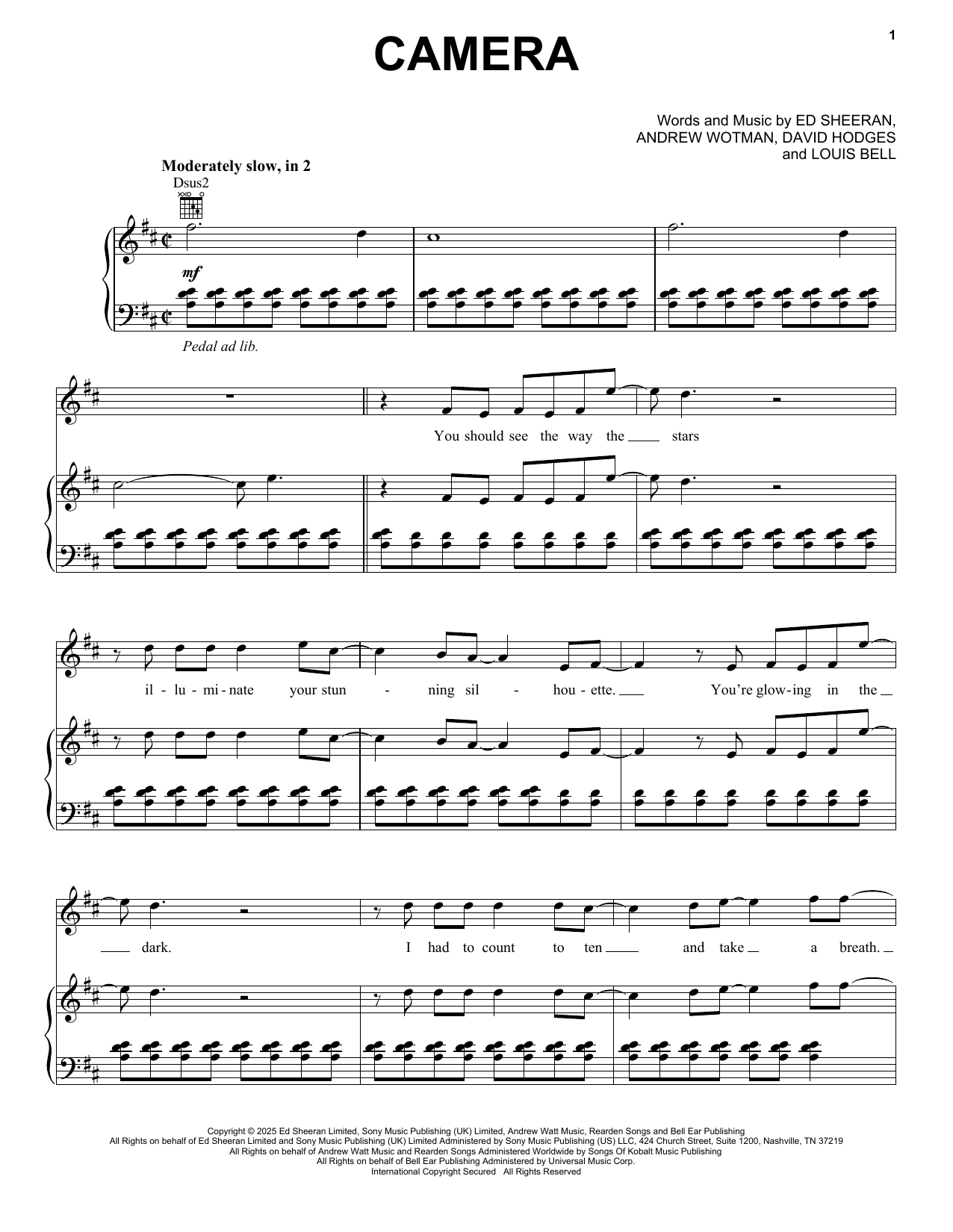 Ed Sheeran Camera sheet music notes and chords arranged for Piano, Vocal & Guitar Chords (Right-Hand Melody)