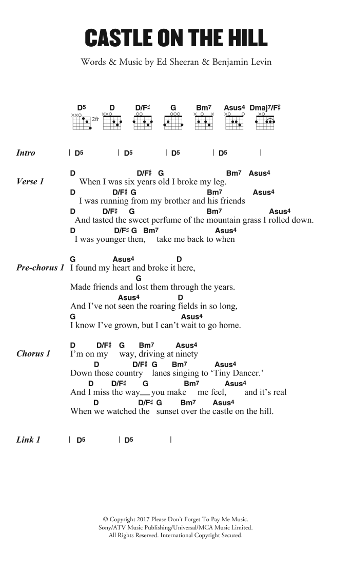 Ed Sheeran Castle On The Hill sheet music notes and chords. Download Printable PDF.