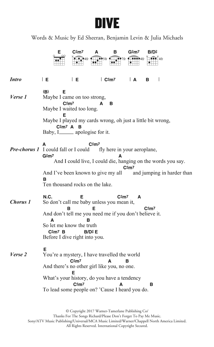 Ed Sheeran Dive sheet music notes and chords. Download Printable PDF.