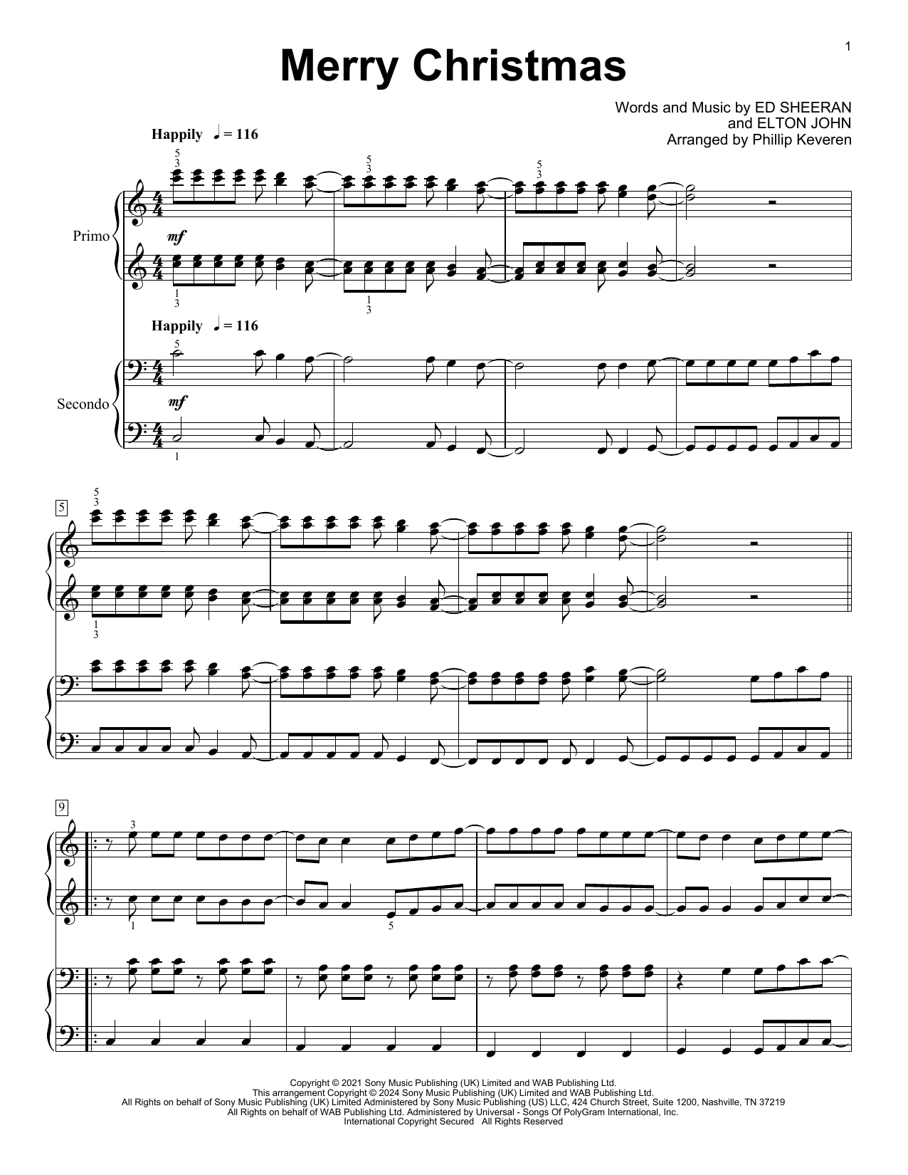 Ed Sheeran & Elton John Merry Christmas (arr. Phillip Keveren) sheet music notes and chords. Download Printable PDF.