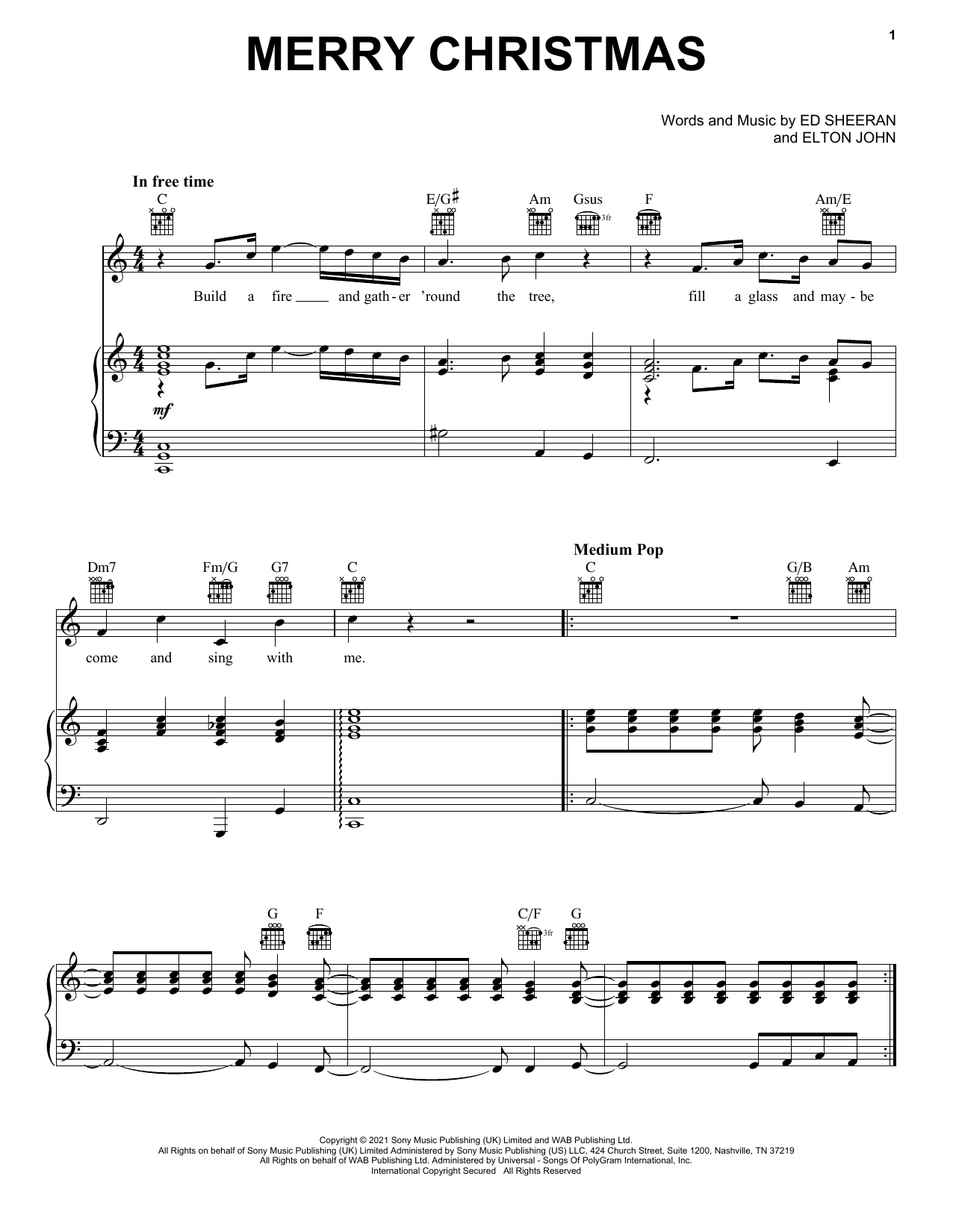 Ed Sheeran & Elton John Merry Christmas sheet music notes and chords. Download Printable PDF.