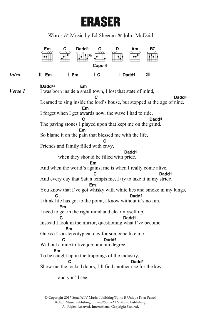 Ed Sheeran Eraser sheet music notes and chords. Download Printable PDF.