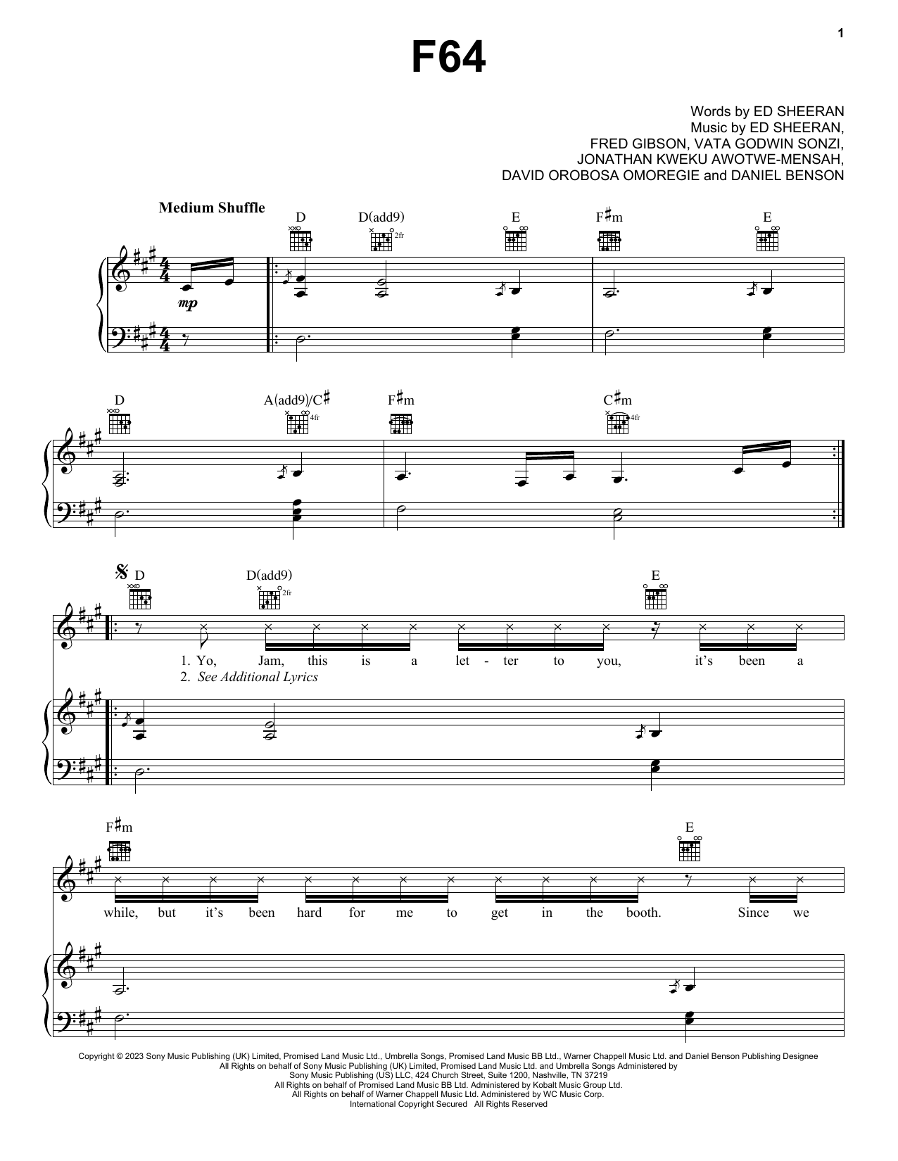 Ed Sheeran F64 sheet music notes and chords arranged for Piano, Vocal & Guitar Chords (Right-Hand Melody)