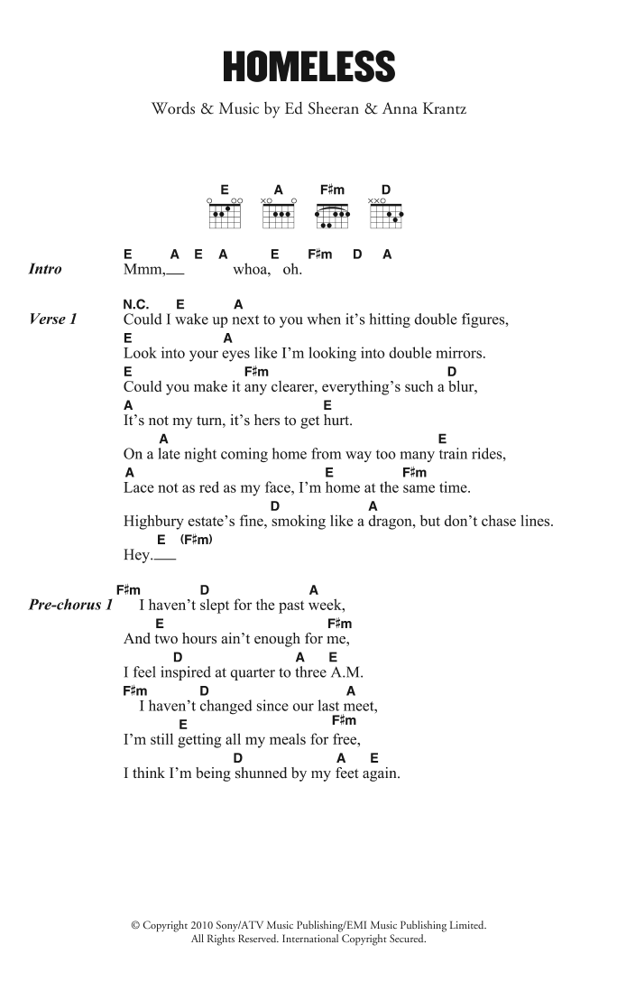 Ed Sheeran Homeless sheet music notes and chords. Download Printable PDF.