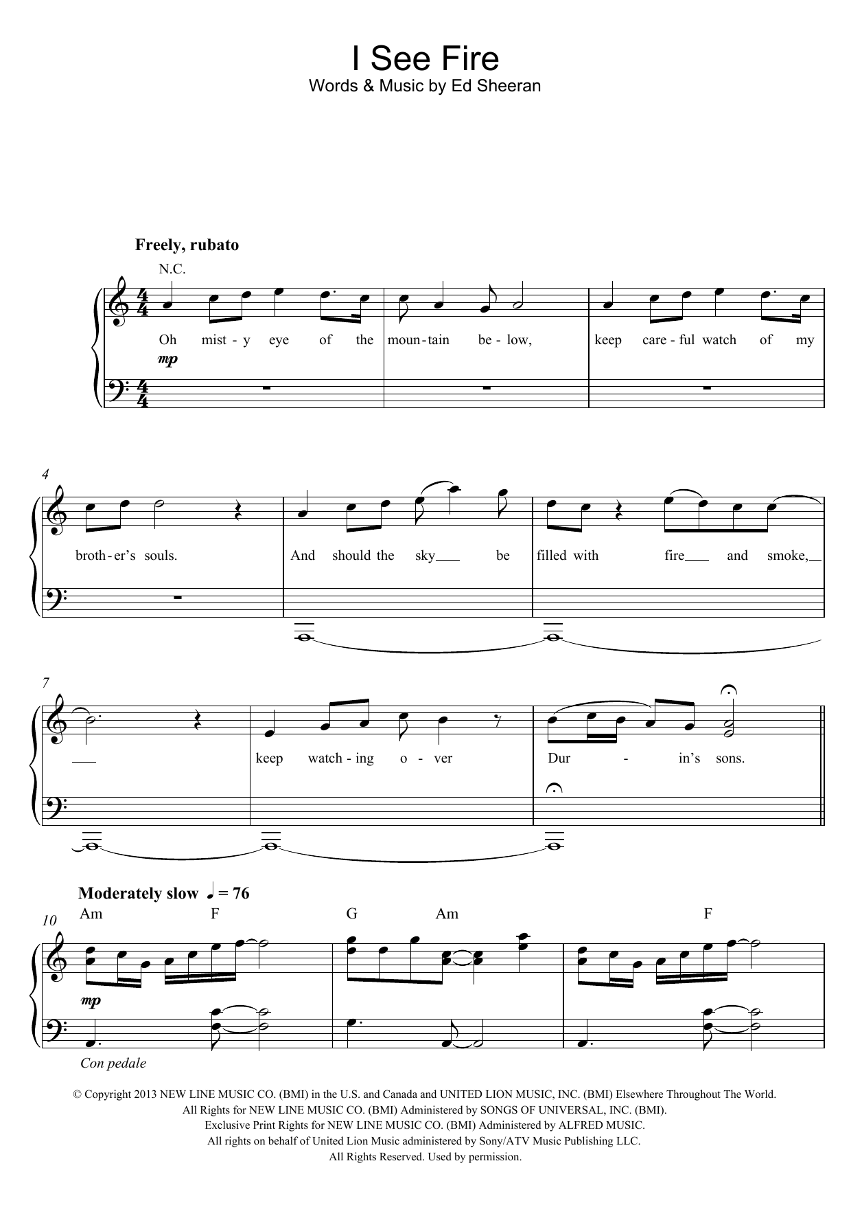 Ed Sheeran I See Fire (from The Hobbit) sheet music notes and chords. Download Printable PDF.