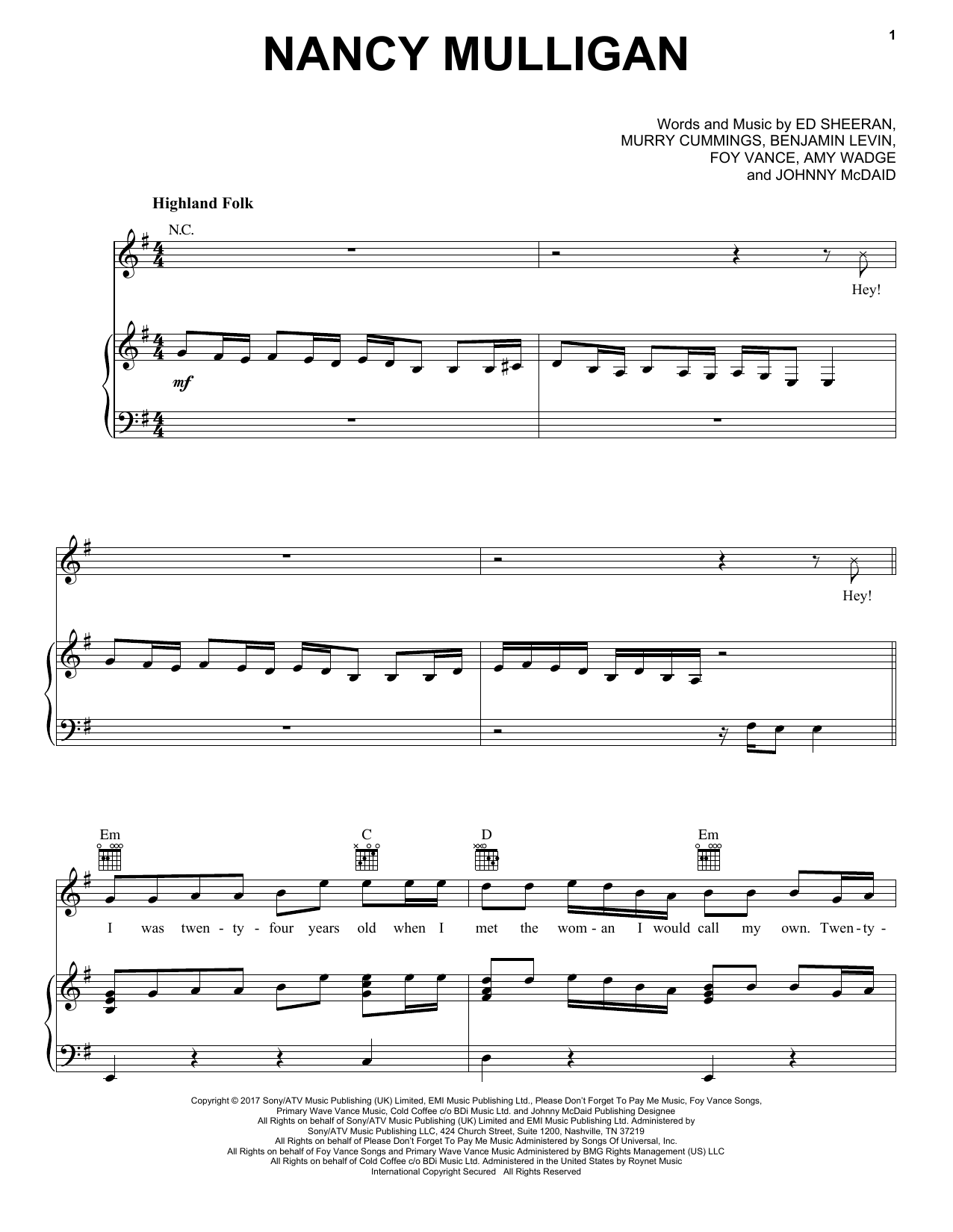 Ed Sheeran Nancy Mulligan sheet music notes and chords. Download Printable PDF.