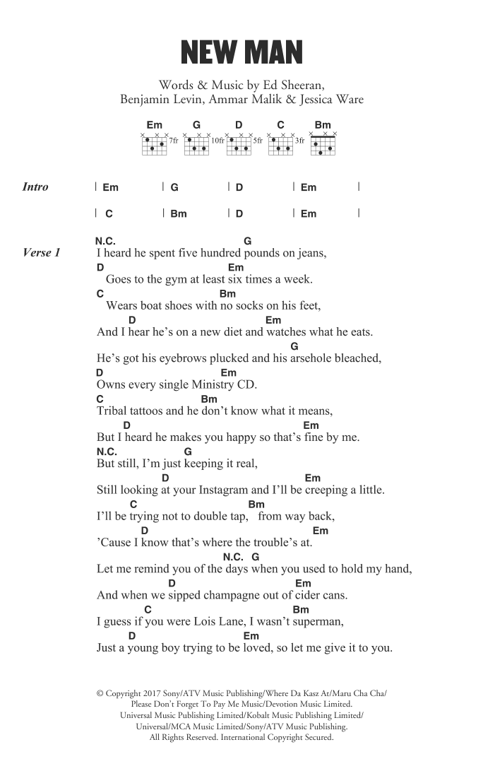 Ed Sheeran New Man sheet music notes and chords. Download Printable PDF.