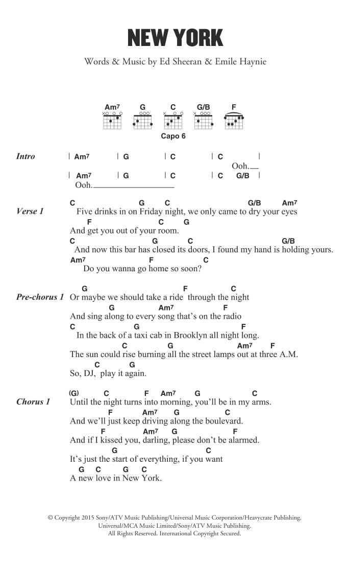 Ed Sheeran New York sheet music notes and chords. Download Printable PDF.