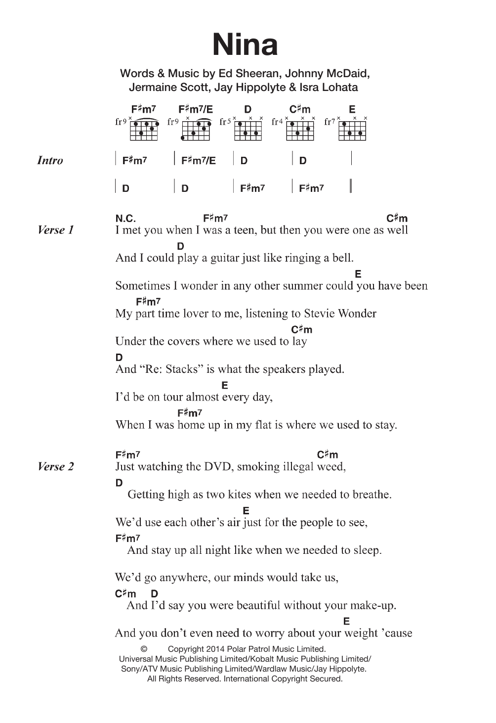 Ed Sheeran Nina sheet music notes and chords. Download Printable PDF.