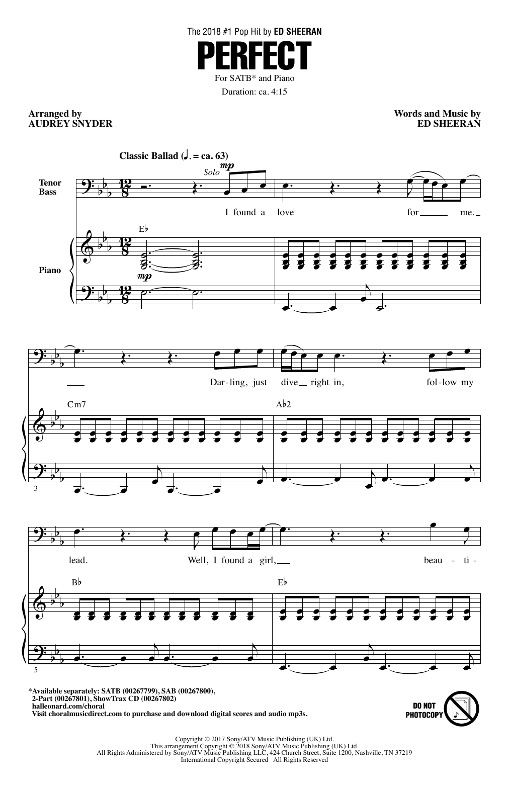 Ed Sheeran Perfect (arr. Audrey Snyder) sheet music notes and chords. Download Printable PDF.