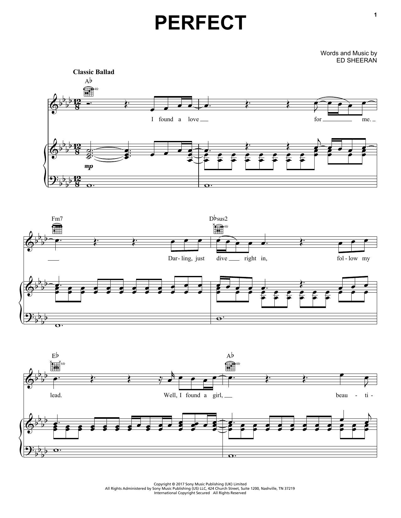 Ed Sheeran Perfect sheet music notes and chords arranged for Easy Piano