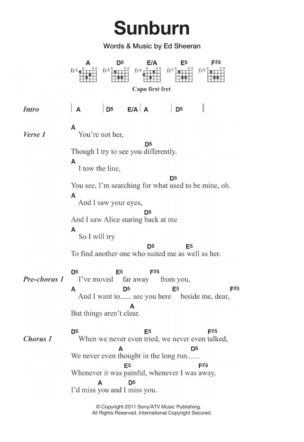 Ed Sheeran Sunburn sheet music notes and chords. Download Printable PDF.