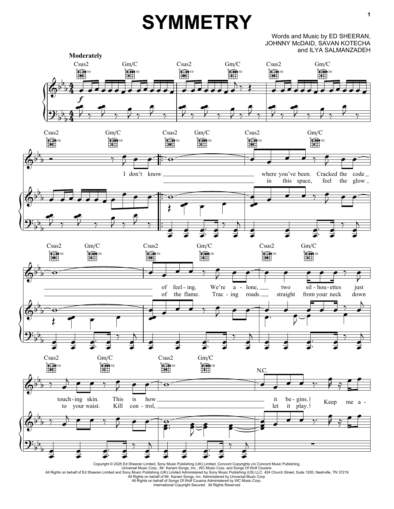 Ed Sheeran Symmetry sheet music notes and chords arranged for Piano, Vocal & Guitar Chords (Right-Hand Melody)