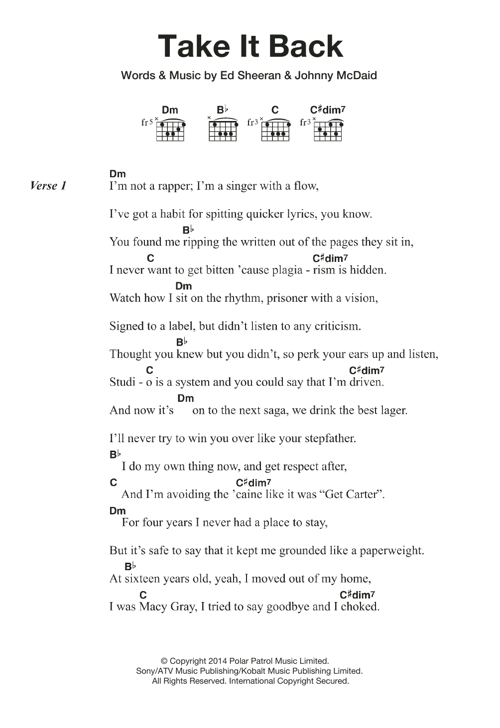 Ed Sheeran Take It Back sheet music notes and chords arranged for Piano, Vocal & Guitar Chords