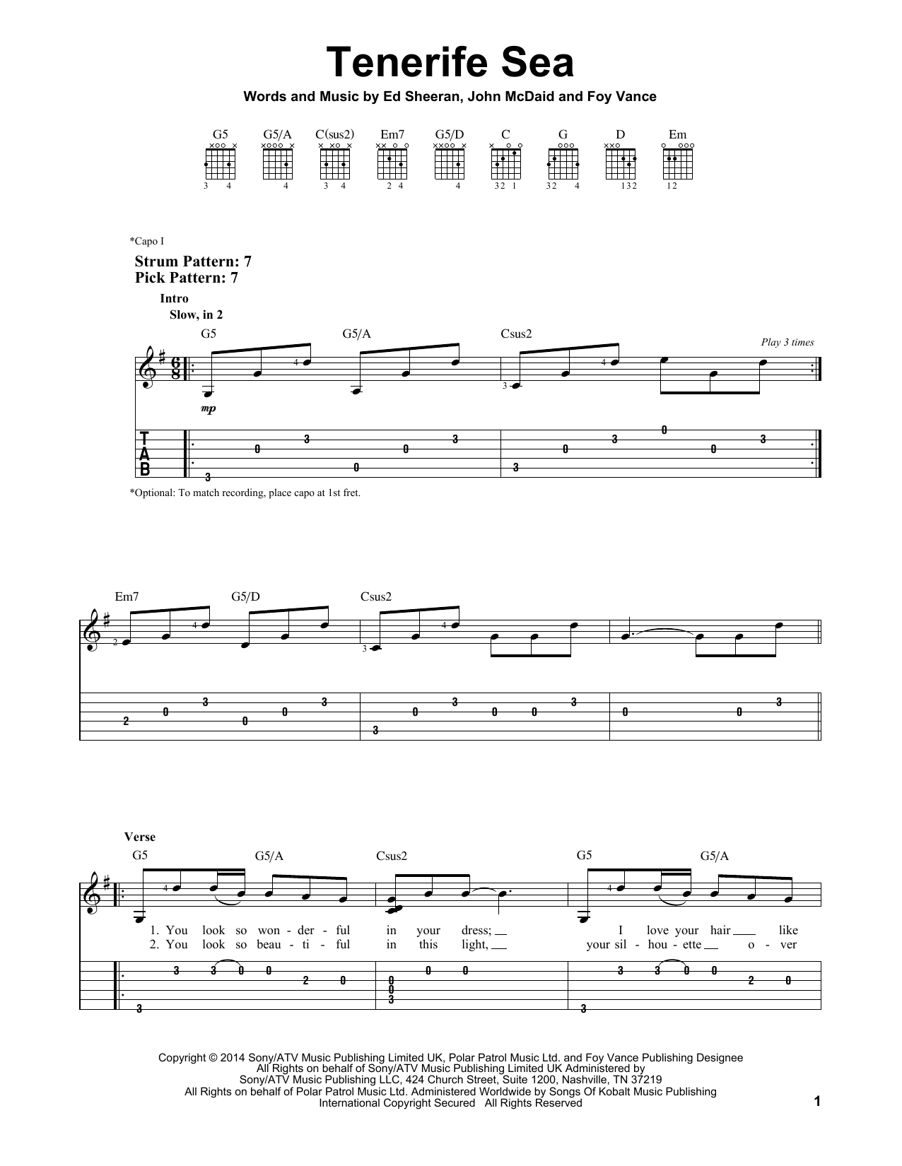 Ed Sheeran Tenerife Sea sheet music notes and chords. Download Printable PDF.