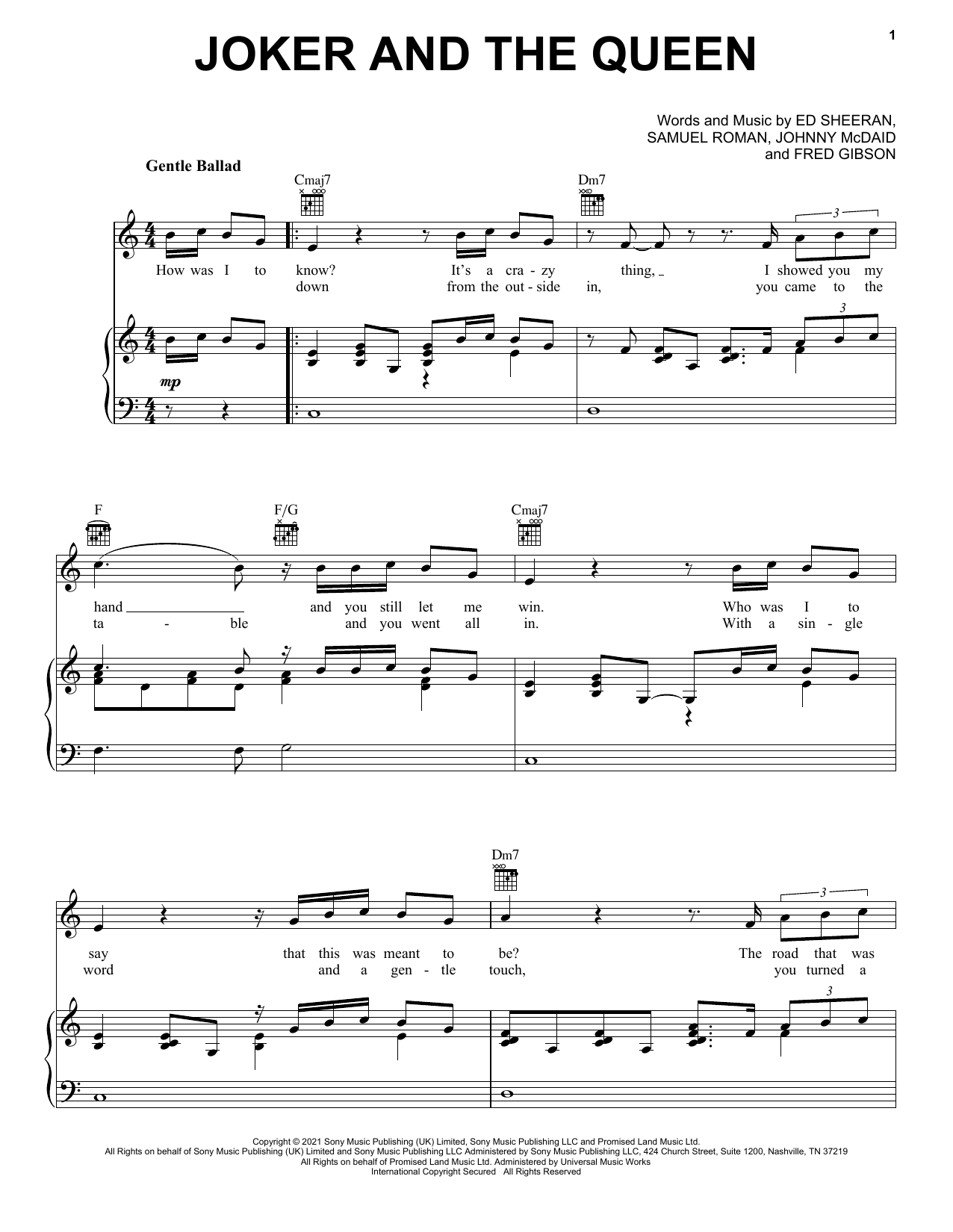 Ed Sheeran The Joker And The Queen sheet music notes and chords arranged for Easy Piano