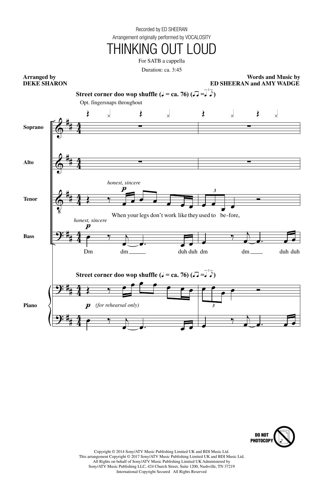 Ed Sheeran Thinking Out Loud (arr. Deke Sharon) sheet music notes and chords. Download Printable PDF.