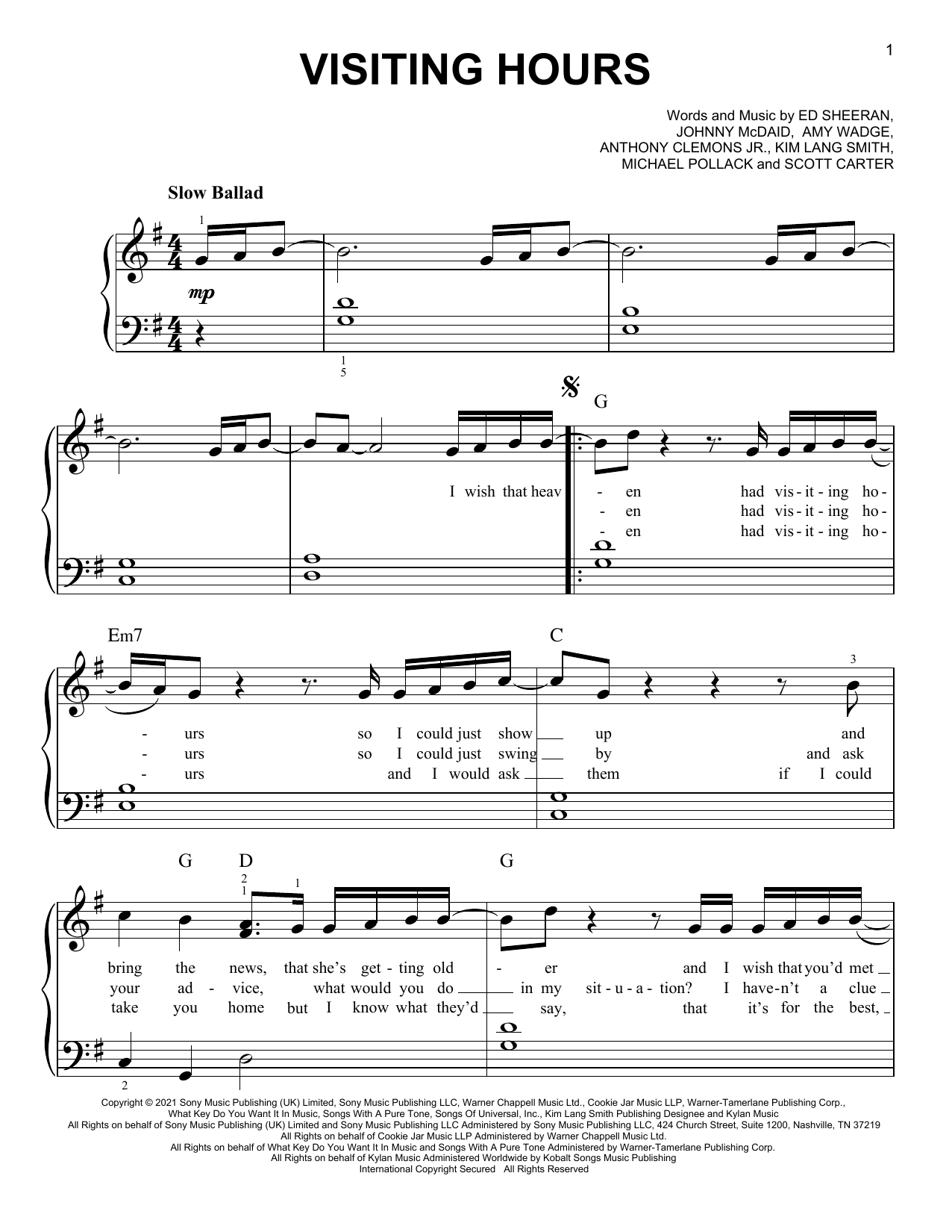 Ed Sheeran Visiting Hours sheet music notes and chords. Download Printable PDF.