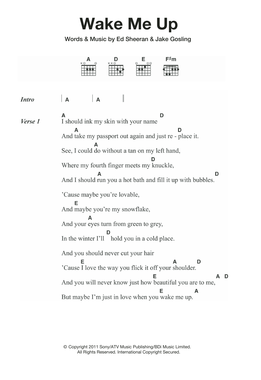 Ed Sheeran Wake Me Up sheet music notes and chords. Download Printable PDF.