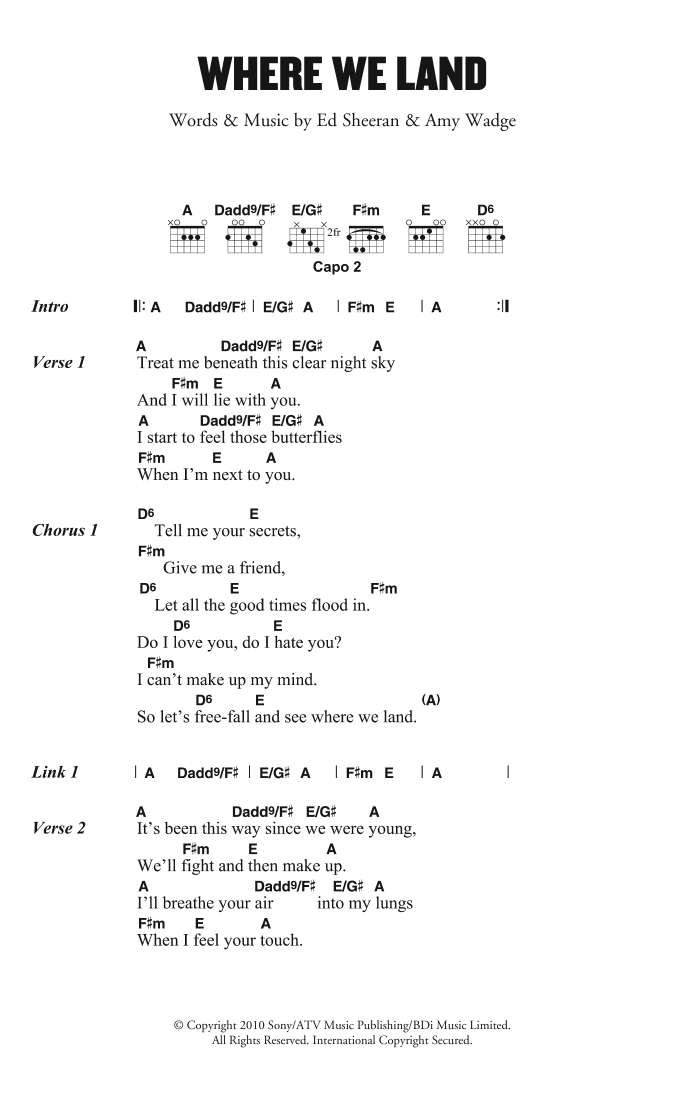 Ed Sheeran Where We Land sheet music notes and chords. Download Printable PDF.