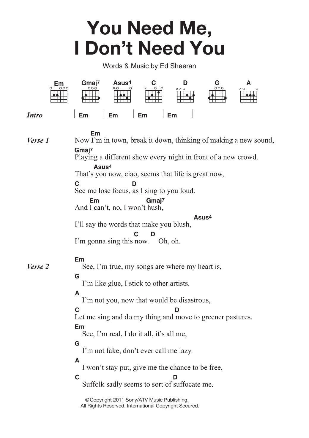 Ed Sheeran You Need Me, I Don't Need You sheet music notes and chords. Download Printable PDF.