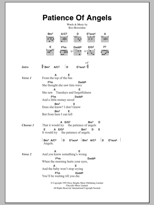 Eddi Reader Patience Of Angels sheet music notes and chords arranged for Guitar Chords/Lyrics