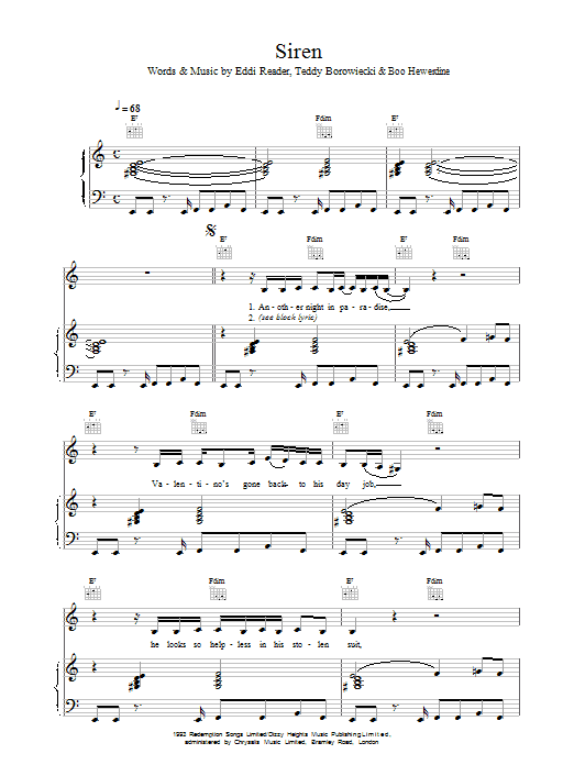 Eddi Reader Siren sheet music notes and chords arranged for Piano, Vocal & Guitar Chords