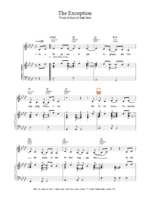 Learn to play Eddi Reader The Exception sheet music for Piano, Vocal & Guitar Chords in minutes. Price: 7.8900$ Eddi Reader The Exception sheet music notes and chords arranged for Piano, Vocal & Guitar Chords