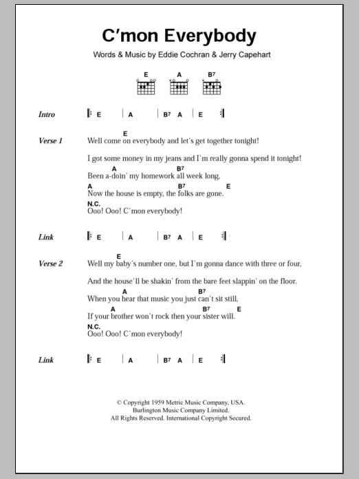 Eddie Cochran C'mon Everybody sheet music notes and chords. Download Printable PDF.