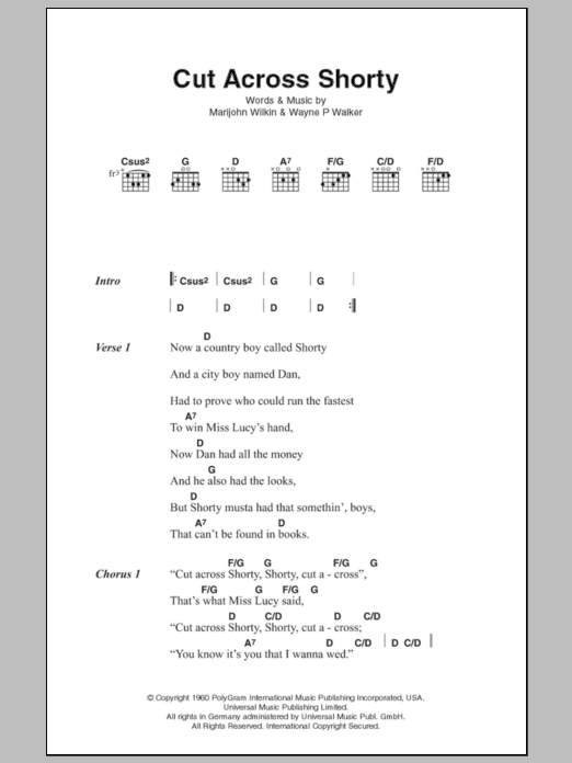 Eddie Cochran Cut Across Shorty sheet music notes and chords. Download Printable PDF.