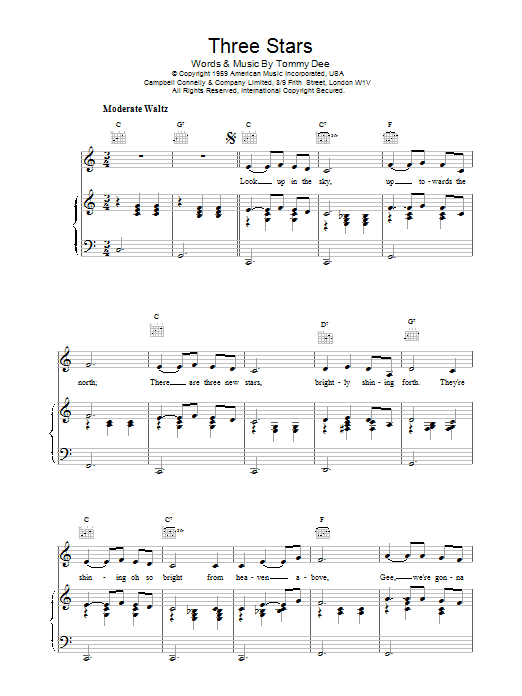 Eddie Cochran Three Stars sheet music notes and chords arranged for Piano, Vocal & Guitar Chords