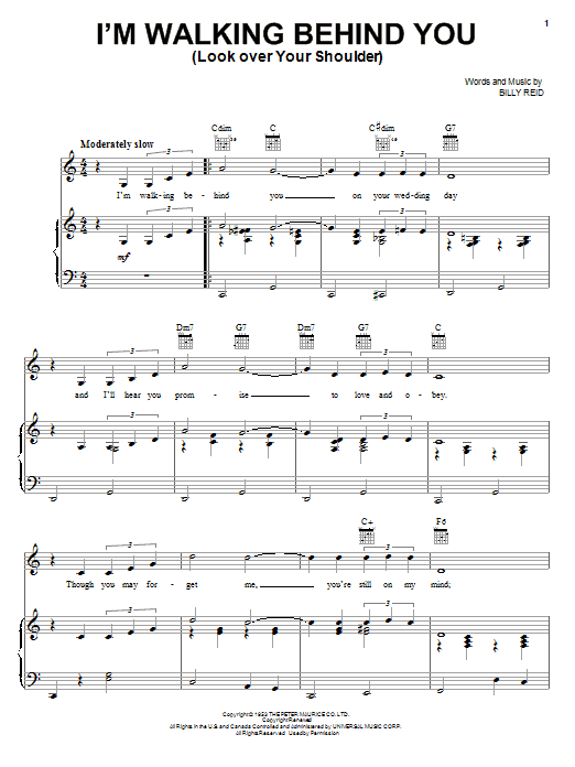 Learn to play Eddie Fisher I'm Walking Behind You (Look Over Your Shoulder) sheet music for Piano, Vocal & Guitar Chords (Right-Hand Melody) in minutes. Price: 7.8900$ Eddie Fisher I'm Walking Behind You (Look Over Your Shoulder) sheet music notes and chords arranged for Piano, Vocal & Guitar Chords (Right-Hand Melody)