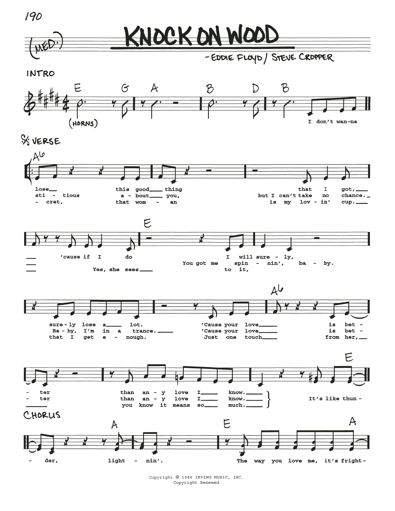 Eddie Floyd Knock On Wood sheet music notes and chords. Download Printable PDF.