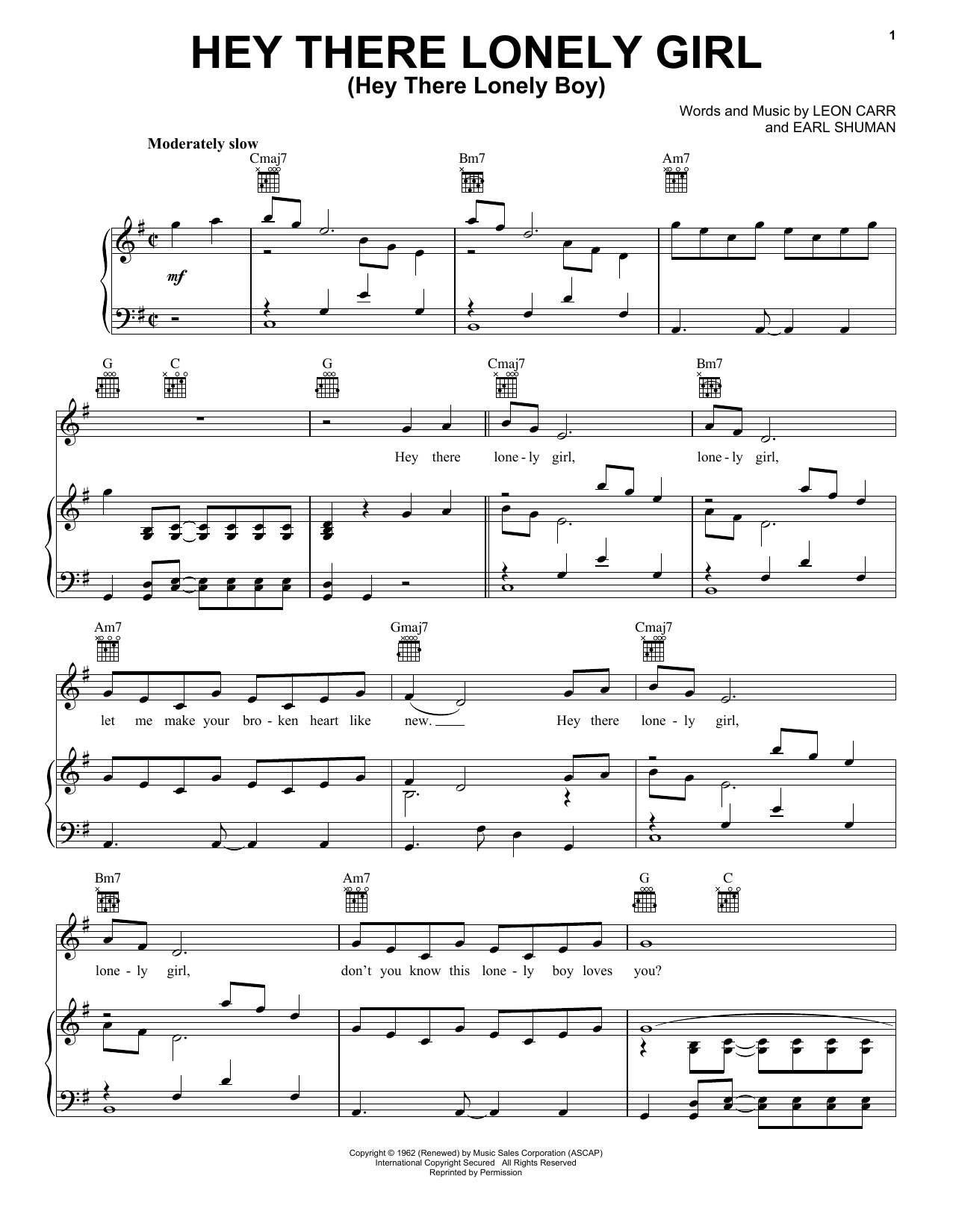 Eddie Holman Hey There Lonely Girl (Hey There Lonely Boy) sheet music notes and chords. Download Printable PDF.