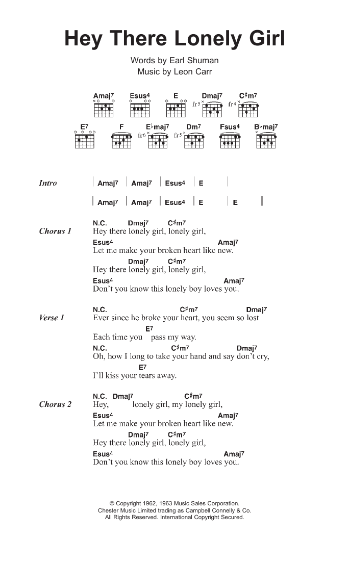 Eddie Holman Hey There, Lonely Girl sheet music notes and chords. Download Printable PDF.