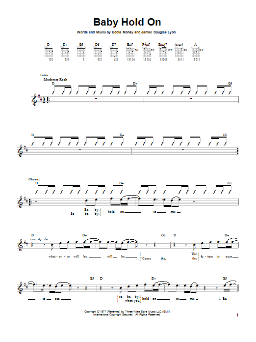 Eddie Money Baby Hold On sheet music notes and chords. Download Printable PDF.