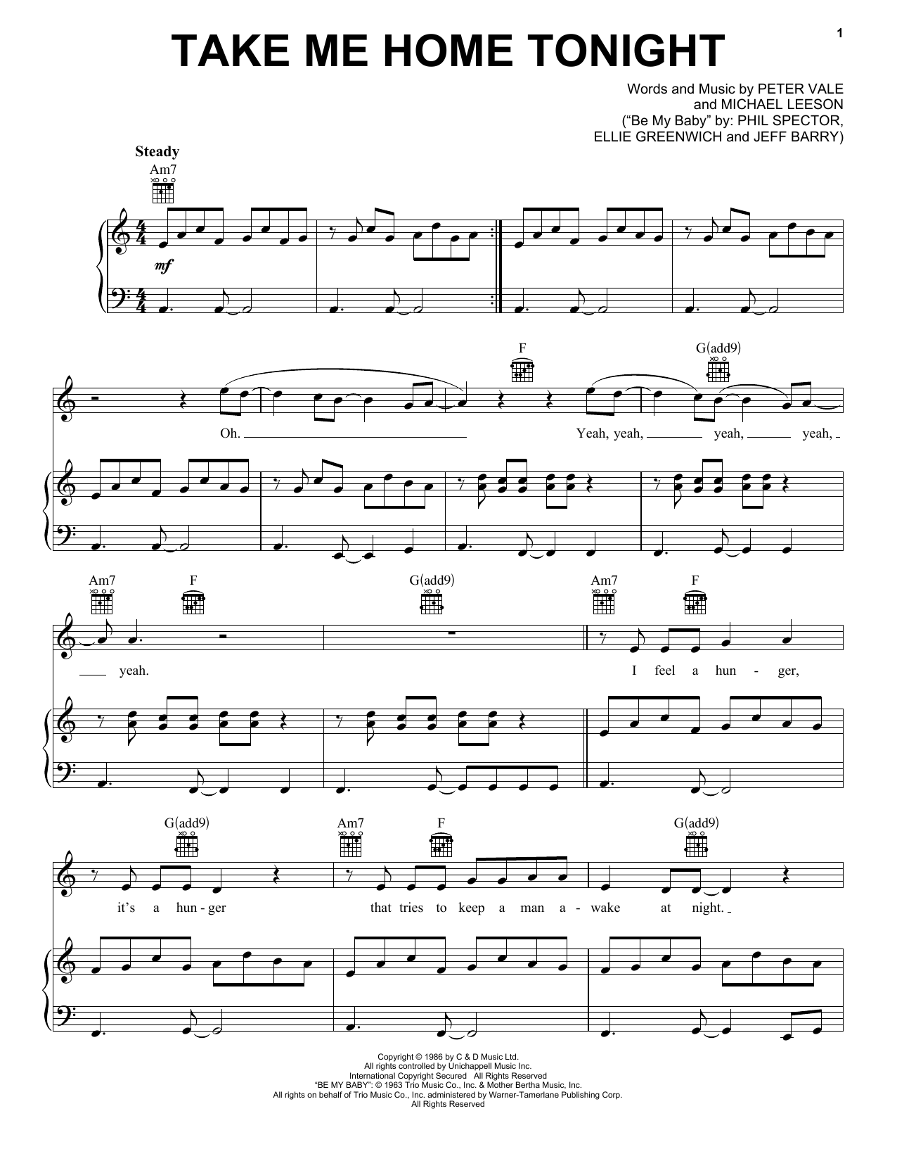 Eddie Money Take Me Home Tonight sheet music notes and chords. Download Printable PDF.