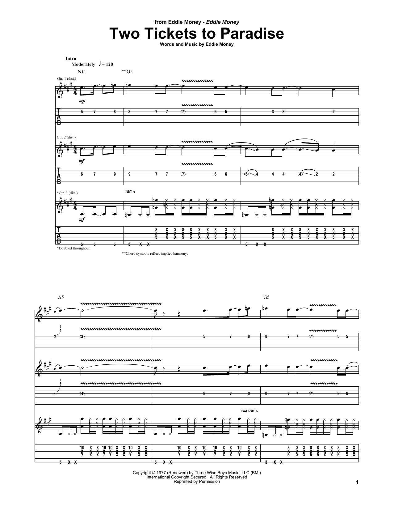 Eddie Money Two Tickets To Paradise sheet music notes and chords. Download Printable PDF.