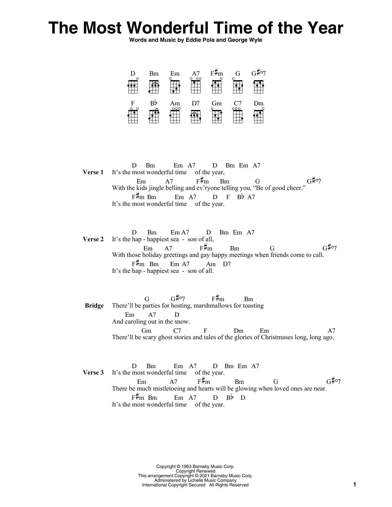 Learn to play Eddie Pola The Most Wonderful Time Of The Year (arr. Fred Sokolow) sheet music for Ukulele in minutes. Price: 5.9900$ Eddie Pola The Most Wonderful Time Of The Year (arr. Fred Sokolow) sheet music notes and chords arranged for Ukulele