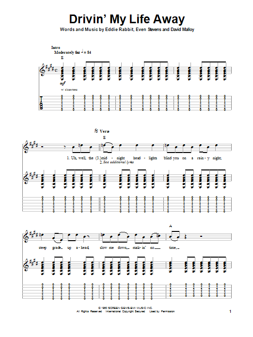 Eddie Rabbitt Drivin' My Life Away sheet music notes and chords. Download Printable PDF.