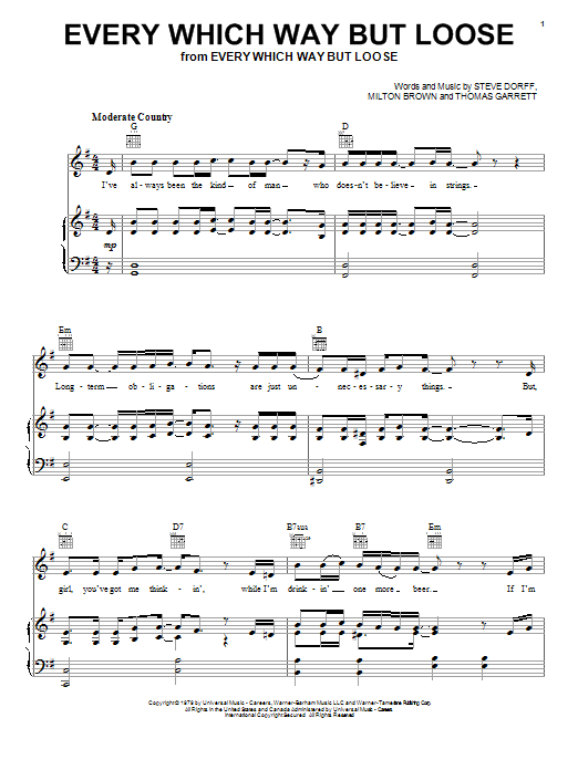 Eddie Rabbitt Every Which Way But Loose sheet music notes and chords. Download Printable PDF.