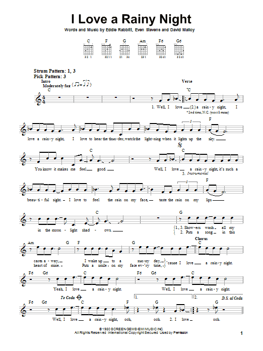 Eddie Rabbitt I Love A Rainy Night sheet music notes and chords. Download Printable PDF.